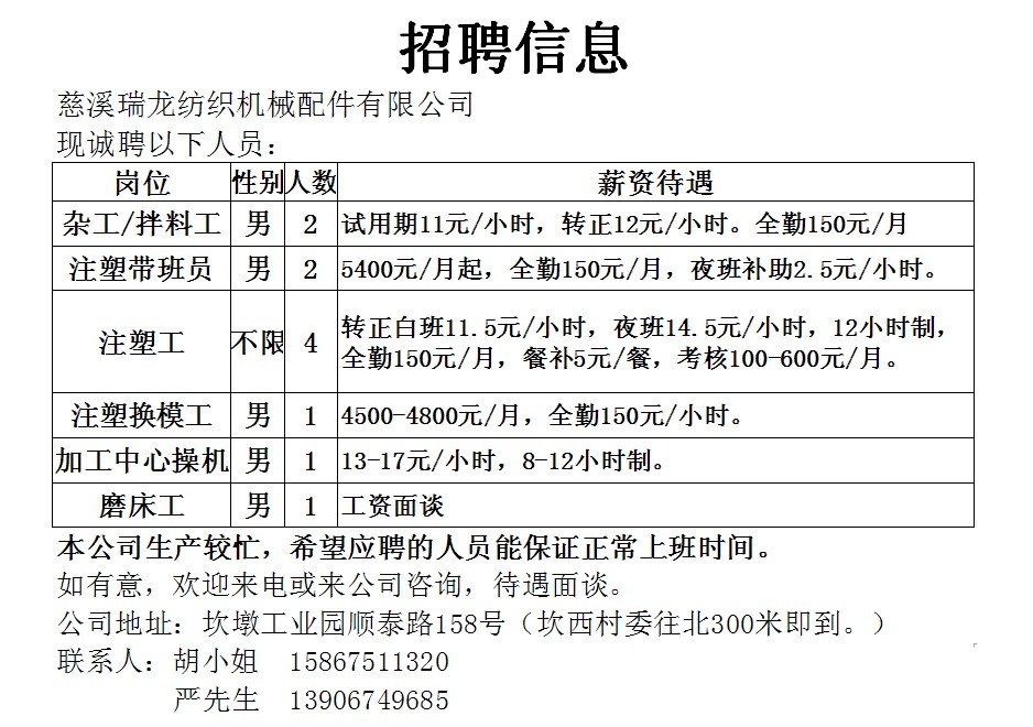 瑞安塘下工厂最新招聘