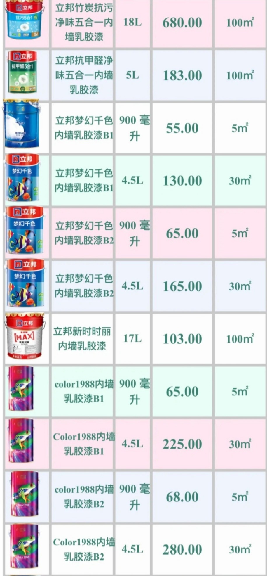 最新立邦漆价格一览表,最新立邦漆价格一览表